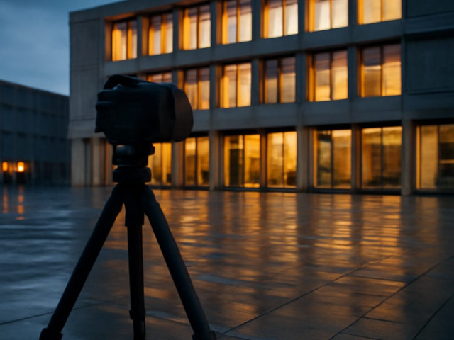 Camera on a tripod in front of an illuminated building facade at dusk